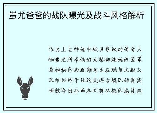 蚩尤爸爸的战队曝光及战斗风格解析