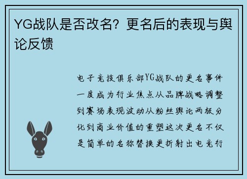 YG战队是否改名？更名后的表现与舆论反馈