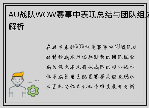 AU战队WOW赛事中表现总结与团队组成解析